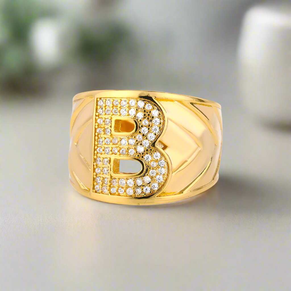 Gold YourLetter Chunky Ring with initial B and adjustable design.