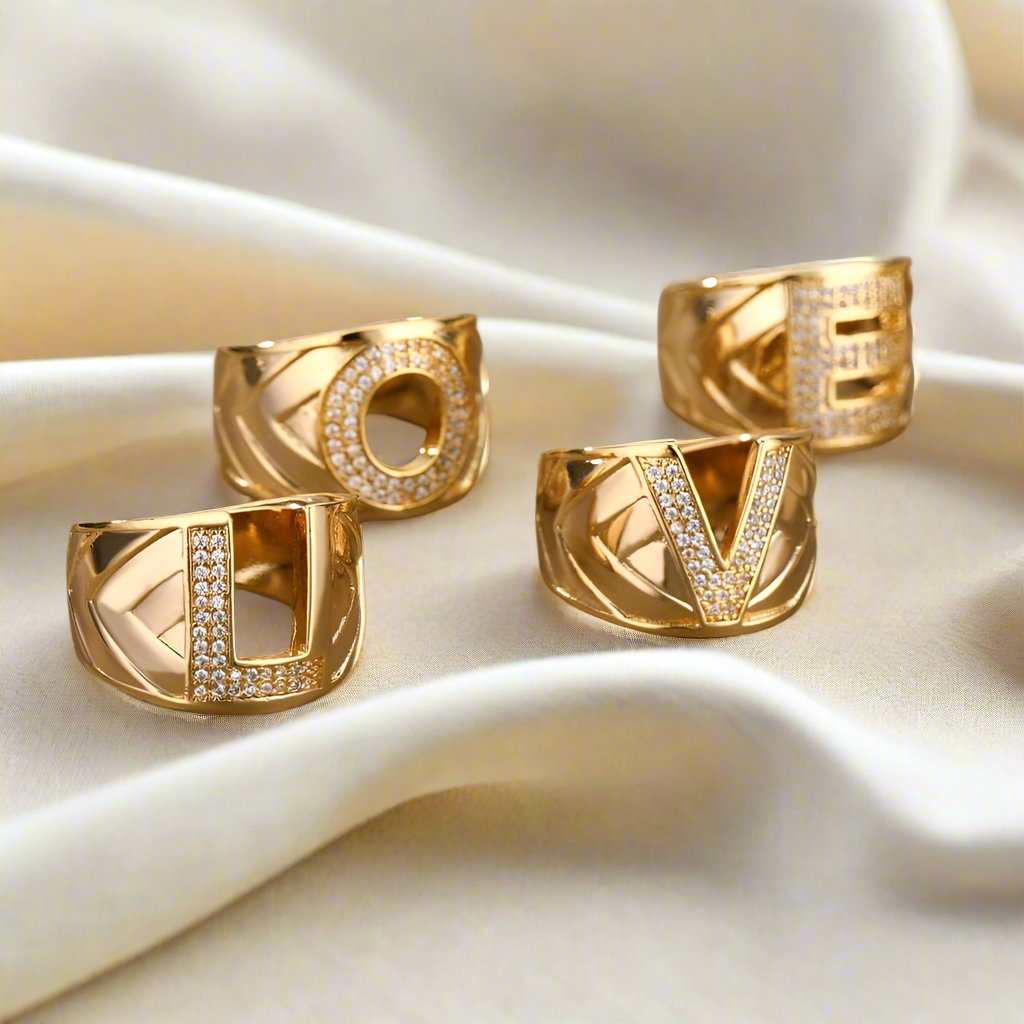 Gold A-Z YourLetter Chunky Rings with blocky signet design and adjustable fit for gifting.