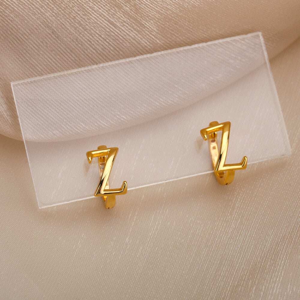 Gold initial loop earrings with Z design, customizable A-Z.