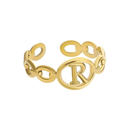 Customizable gold hollow loop ring with letter inside.