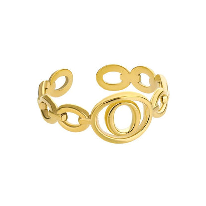 Gold hollow loop ring with customizable letter inside.