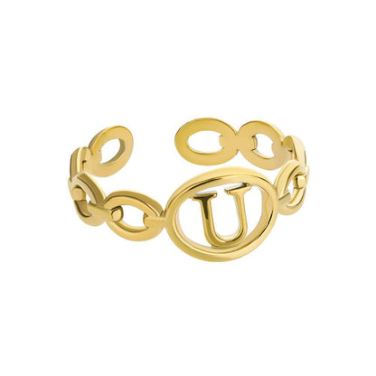 Gold adjustable hollow loop ring with customizable initial "U".