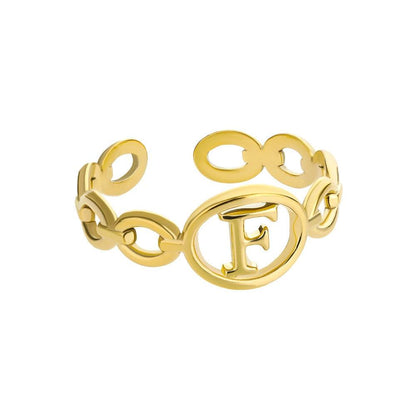 Gold letter F hollow loop ring, customizable from A to Z.