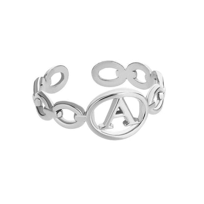 Adjustable silver hollow loop ring with customizable initial letter.