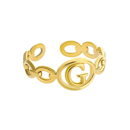 Customizable gold hollow loop ring with initial, adjustable and unique design.