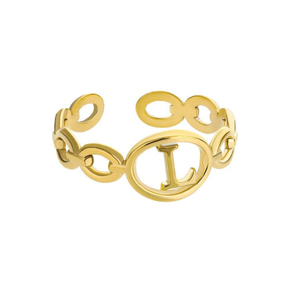 Gold hollow loop ring with customizable initial letter.