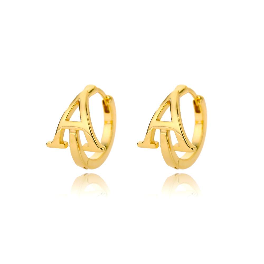 Gold A-Z initial loop earrings crafted in high-quality metal alloy.