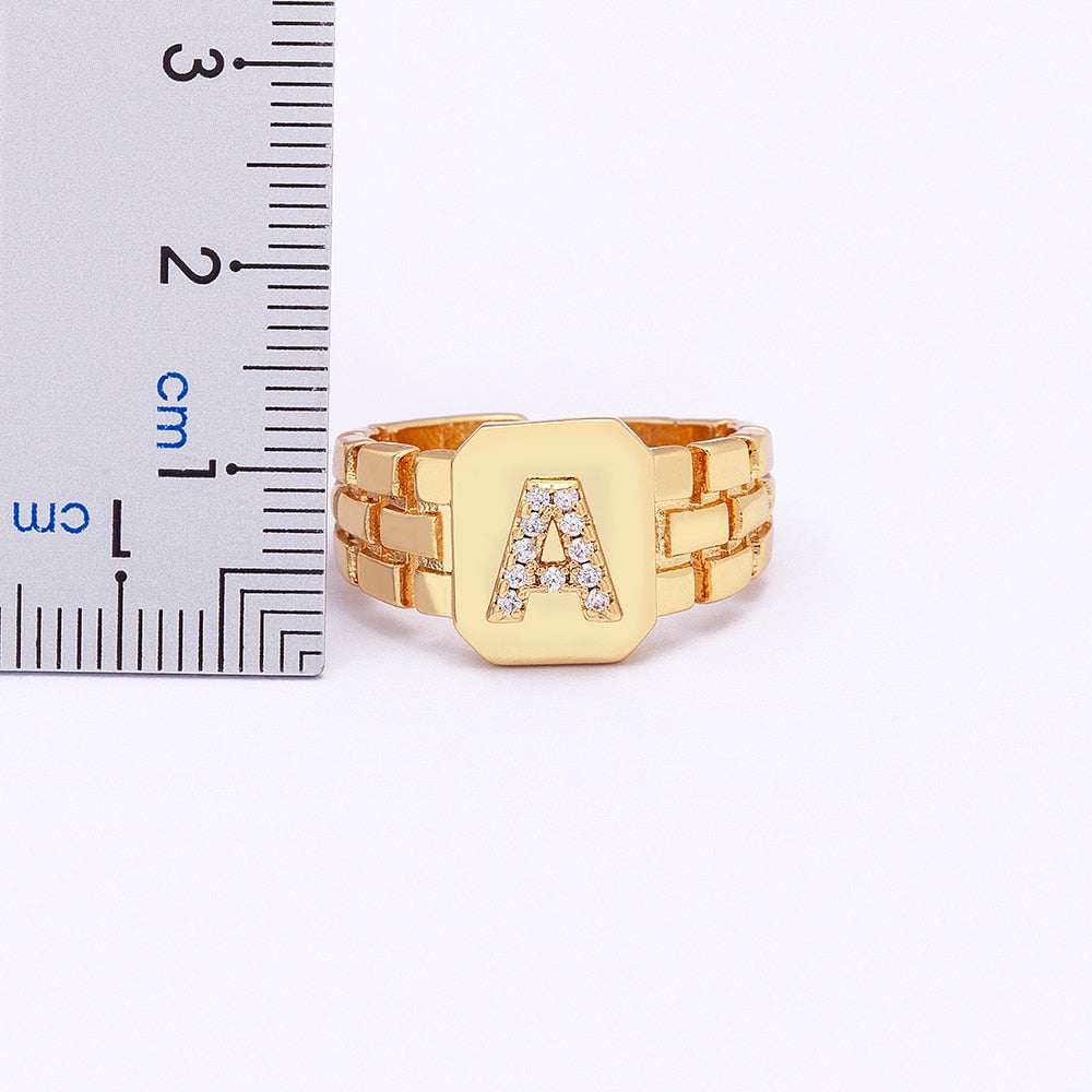 Gold Yourletter Chunky Embossed Ring with imitation gems and adjustable band, features customizable letter design from A-Z.