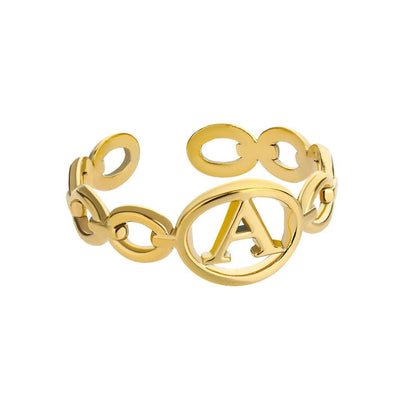 Adjustable gold hollow loop ring with customizable letter A-Z alphabet design.