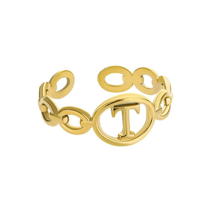 Gold hollow loop ring with customizable initial from A to Z.