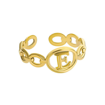 Gold adjustable hollow loop ring with customizable letter E design.