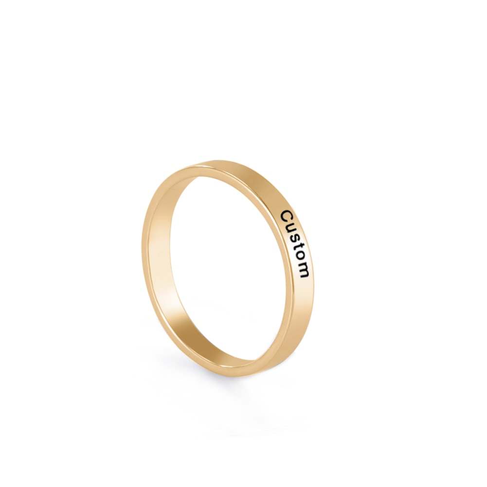 Gold custom engraved ring with personalized text option, available in 2mm and 3mm widths.