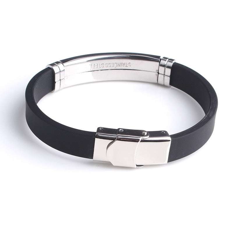 Steel nameplate silicone bracelet with customizable engraving, perfect personalized accessory.