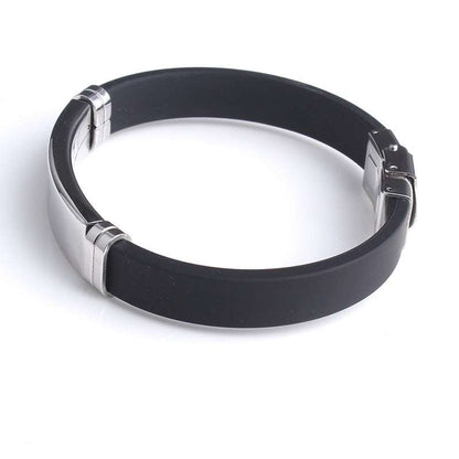 Steel nameplate silicone bracelet with customizable engraving and adjustable band, 21cm size.