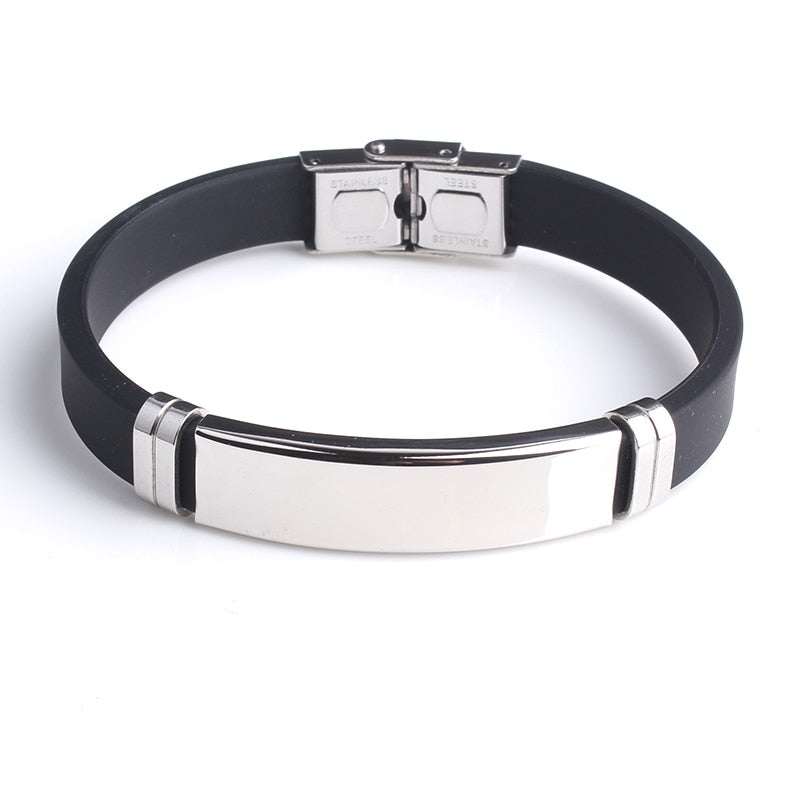 Steel nameplate silicone bracelet with customizable engraving.