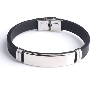 Steel nameplate silicone bracelet with customizable engraving.