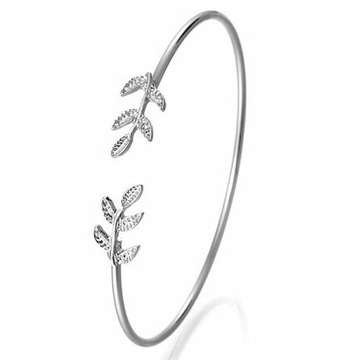 Leaf Cuff Bracelet in silver with elegant leaf design, adjustable for any wrist size.