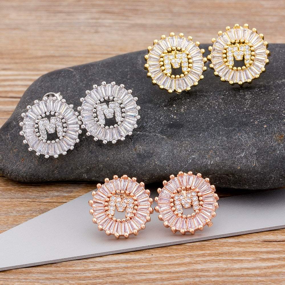 YourLetter CZ Gem Circle Earrings in gold, silver, and rose gold with imitation gems and customizable letter initials.