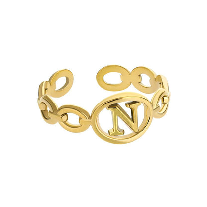 Hollow Loop Ring with custom initial, gold, adjustable design.