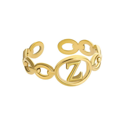 Gold hollow loop ring with customizable letter inside an adjustable design.