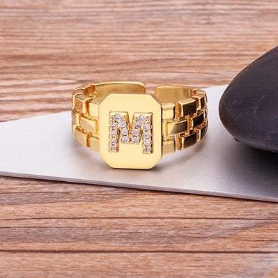 Yourletter Chunky Embossed Ring with imitation gems featuring customizable letter.