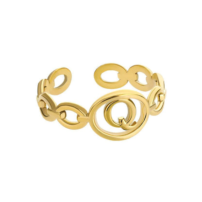 Gold hollow loop ring with customizable initial letter design.