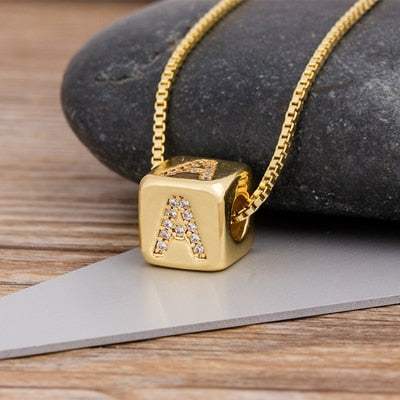 CZ Gems Necklace with Gold Cube A-Z Initials Design