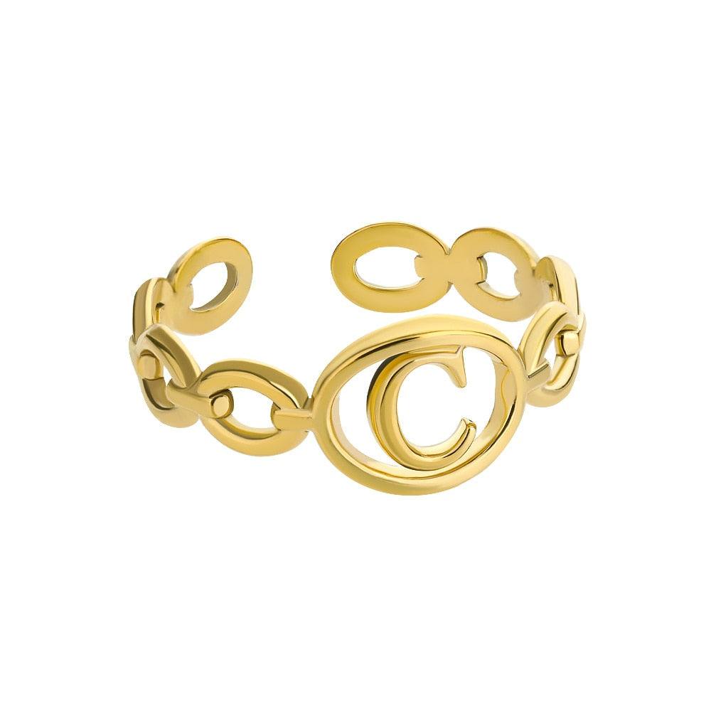 Gold hollow loop ring with customizable letter C design.