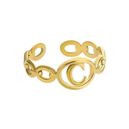 Gold hollow loop ring with customizable letter C design.