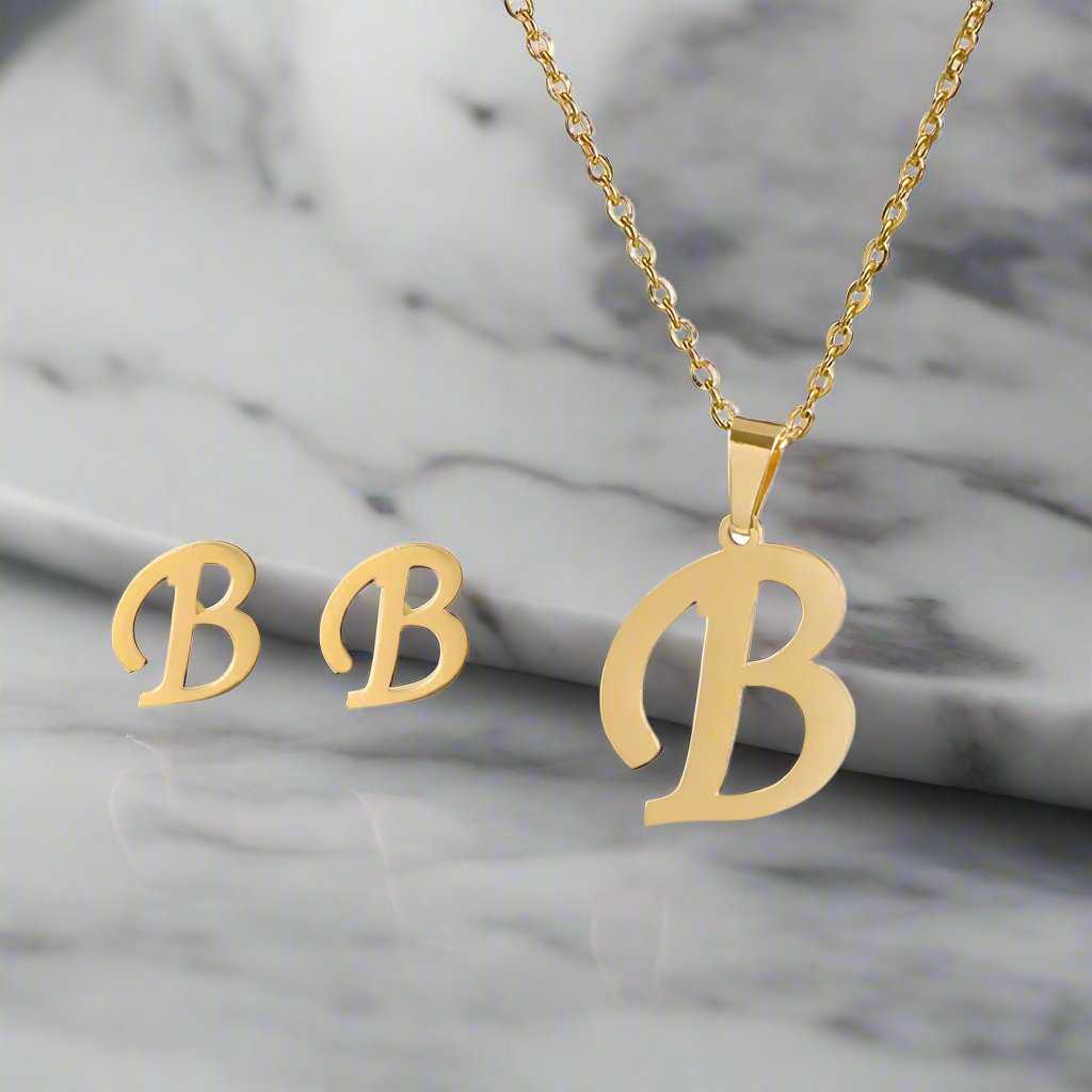 Yourletter Necklace & Earring Set in gold with custom "B" initial design.