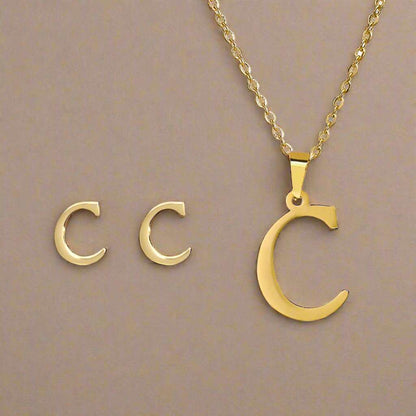 A-Z Yourletter Necklace & Earring Set in gold with customizable letter initial.