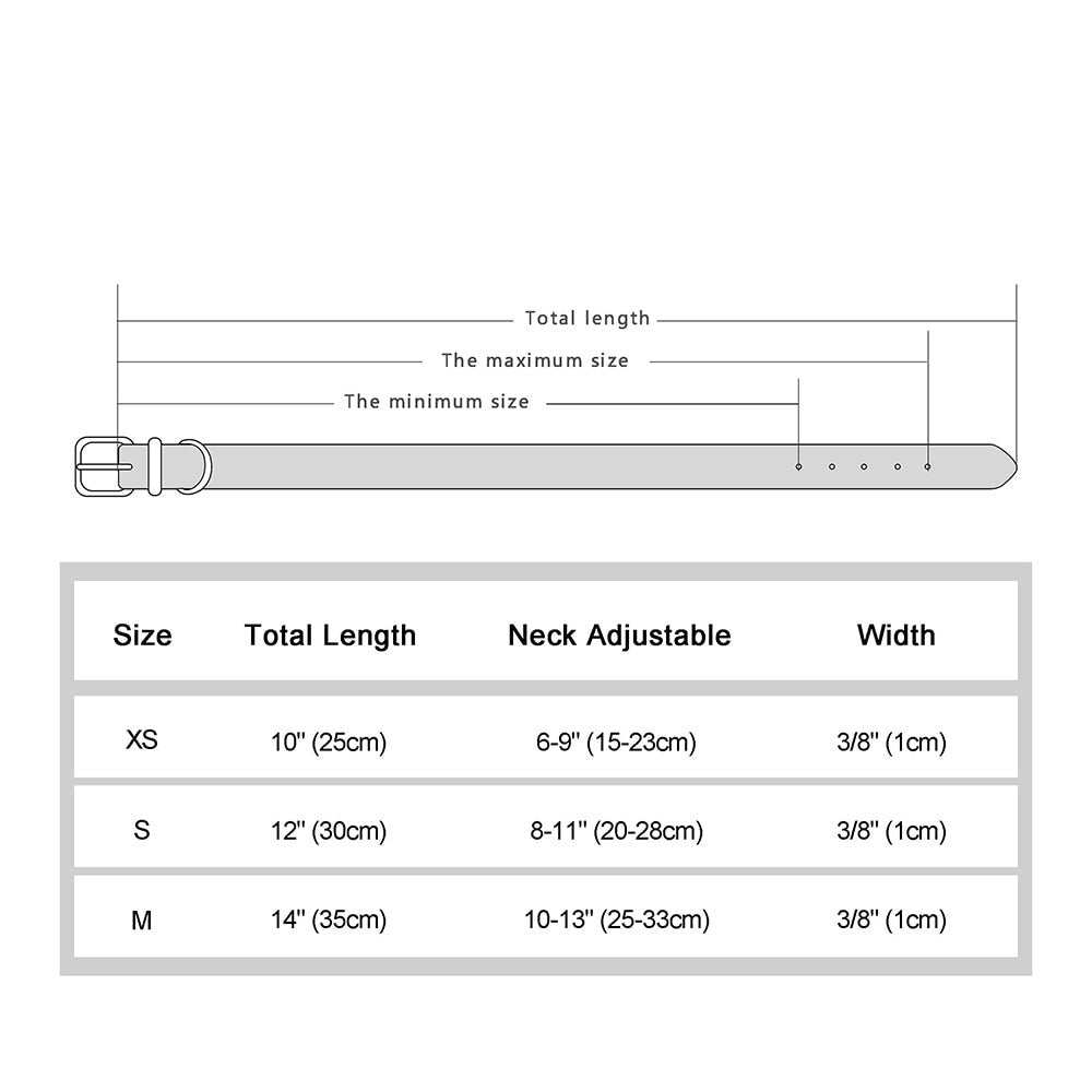 Size chart for Engraved Sparkly Cat Collar with adjustable length. Available in XS, Small, and Medium sizes.