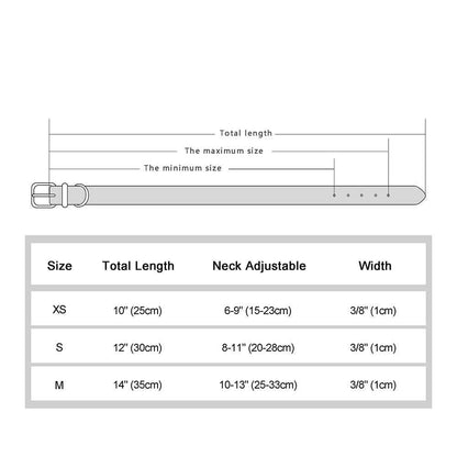 Size chart for Engraved Sparkly Cat Collar with adjustable length. Available in XS, Small, and Medium sizes.