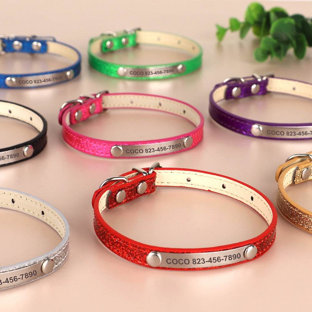 Engraved Sparkly Cat Collar in various colors and sizes with personalized name and phone number.