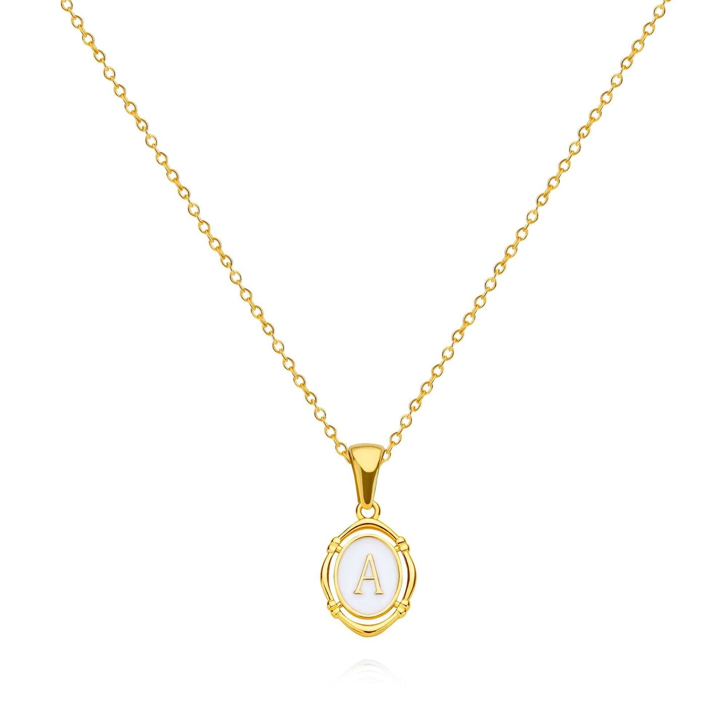 Framed YourLetter Enamel Necklace in gold with embossed letter on a 45cm chain.