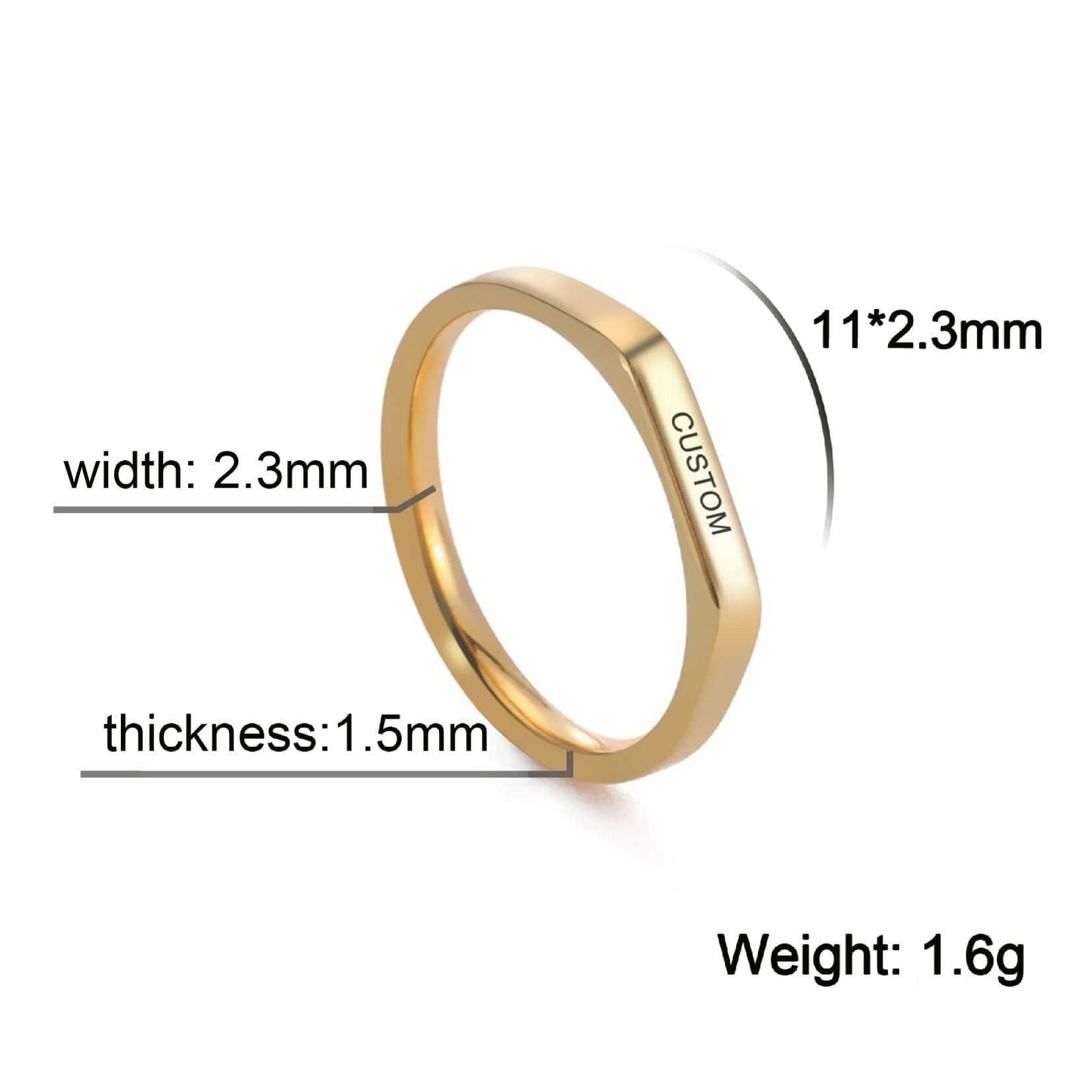 Engraved custom name flat band ring in gold, 2.3mm width, high-quality metal alloy.