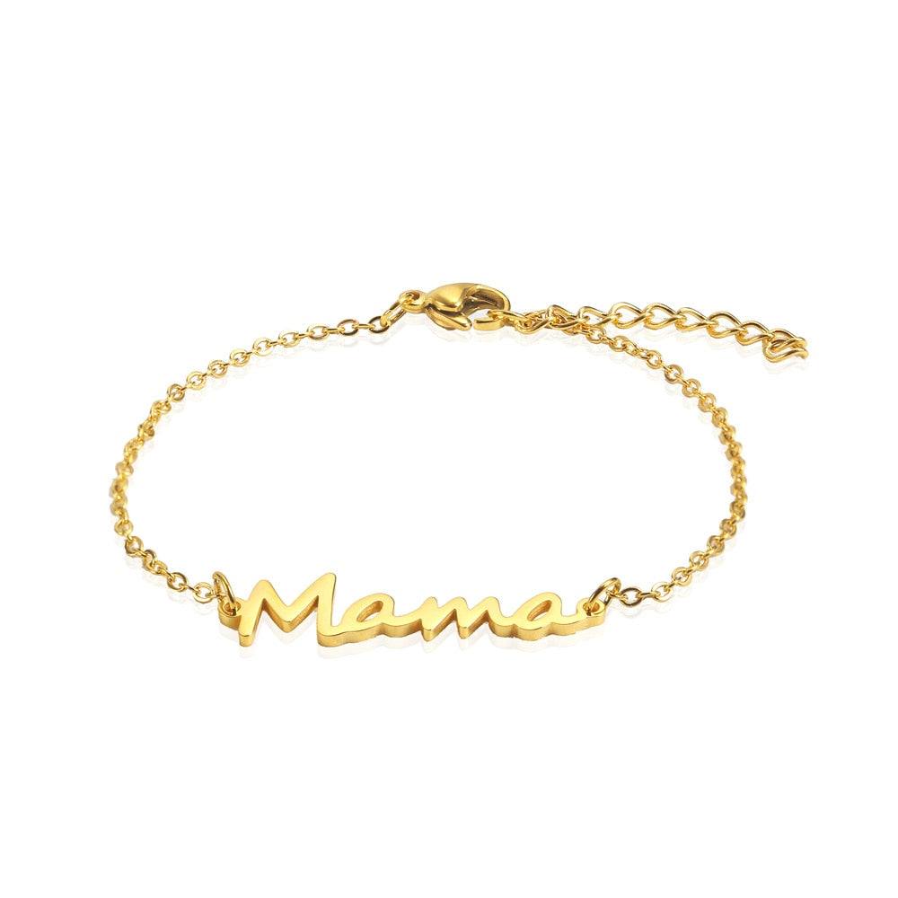 Mama bracelet available in gold, silver, red, or black, featuring a mama nameplate.