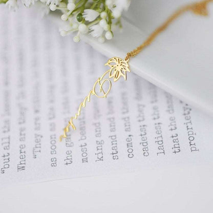 Birth Month Flower Custom Name Necklace in gold with flower design.