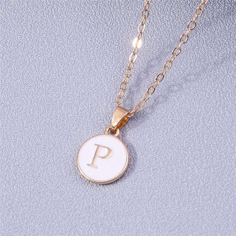 YourLetter White Enamel Circle Necklace with Initial Pendant and Gold Detailing