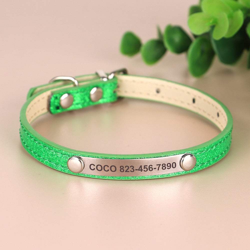 Engraved sparkly cat collar in green with personalized name and phone number, available in 3 sizes.