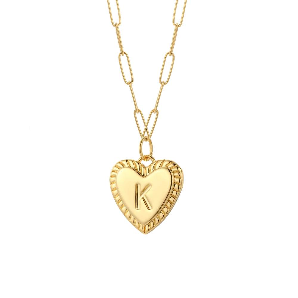 Gold-colored heart necklace with personalized letter K, YourLetter Heart Necklace.