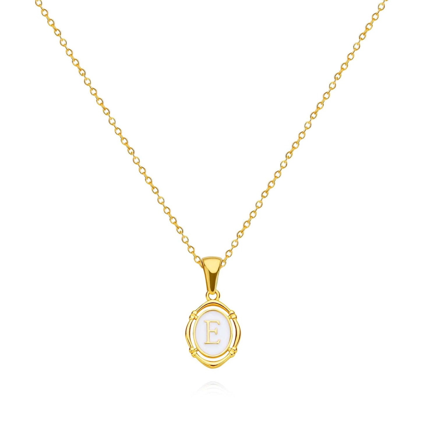 Framed YourLetter Enamel Necklace in gold with personalized embossed letter on a 45cm chain.