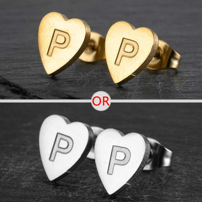 Heart stud earrings with personalized initial, available in silver and gold, ideal for versatile wear.