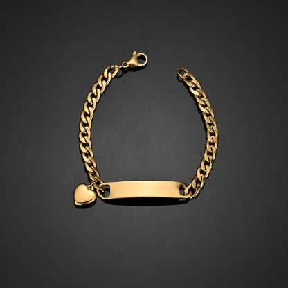 Engraved nameplate bracelet Cuban chain with pendant, gold color.