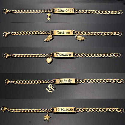 Engraved nameplate bracelet with Cuban chain and pendant in gold, personalized jewelry.