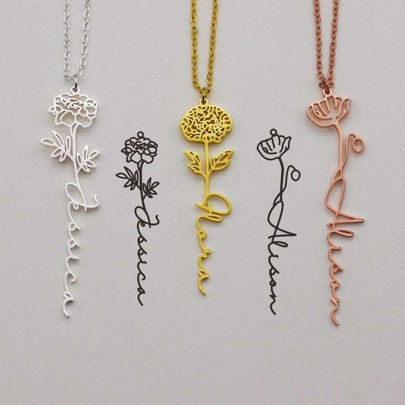 Birth Month Flower Custom Name Necklace in gold and silver with personalized flower design.