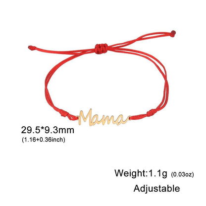 Mama bracelet with multiple style choices, adjustable red string, featuring gold nameplate, perfect gift for mom.