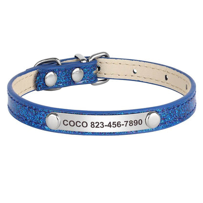 Engraved sparkly cat collar in blue, personalized with pet name and phone number.