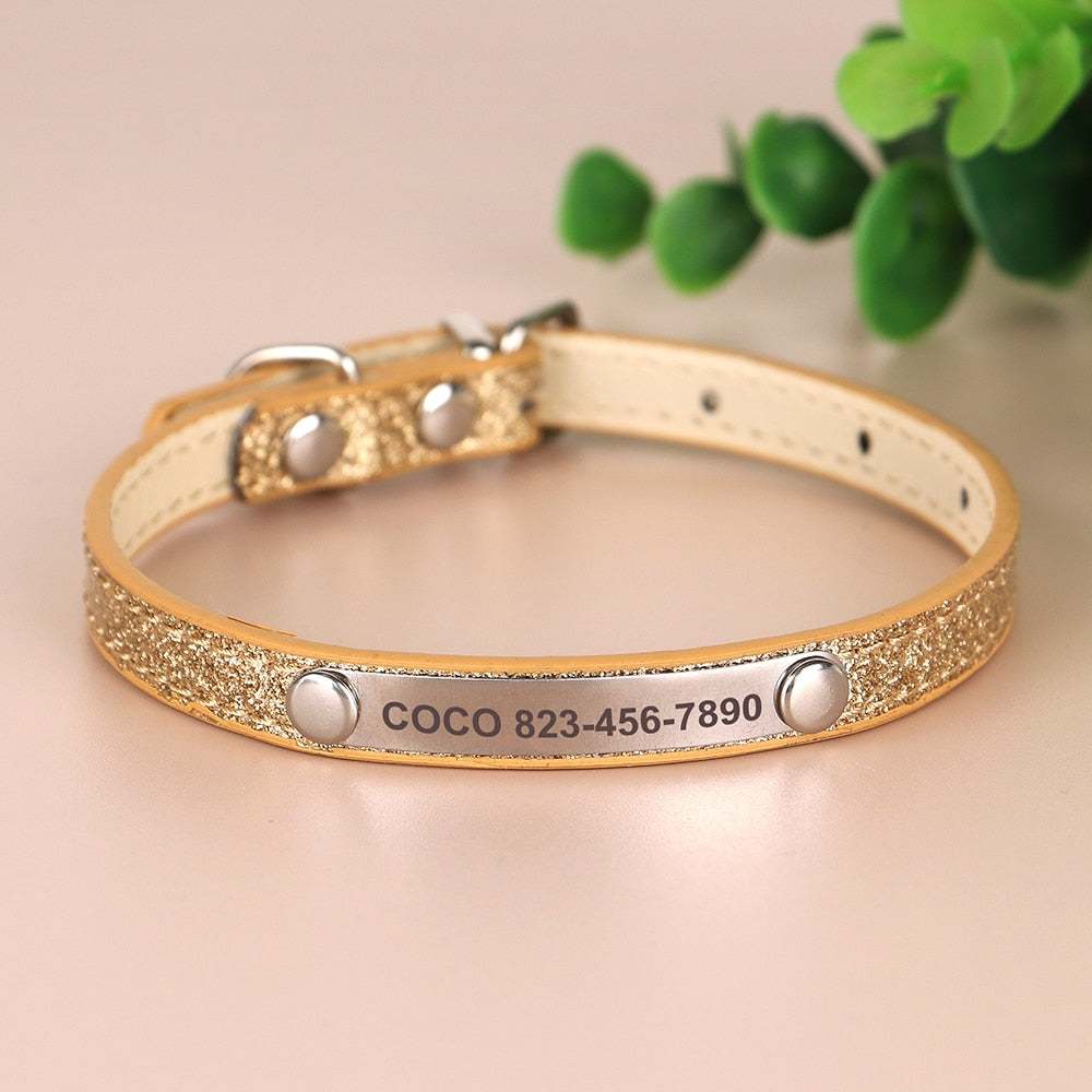 Engraved sparkly cat collar with name and phone number, gold, 3 sizes available.