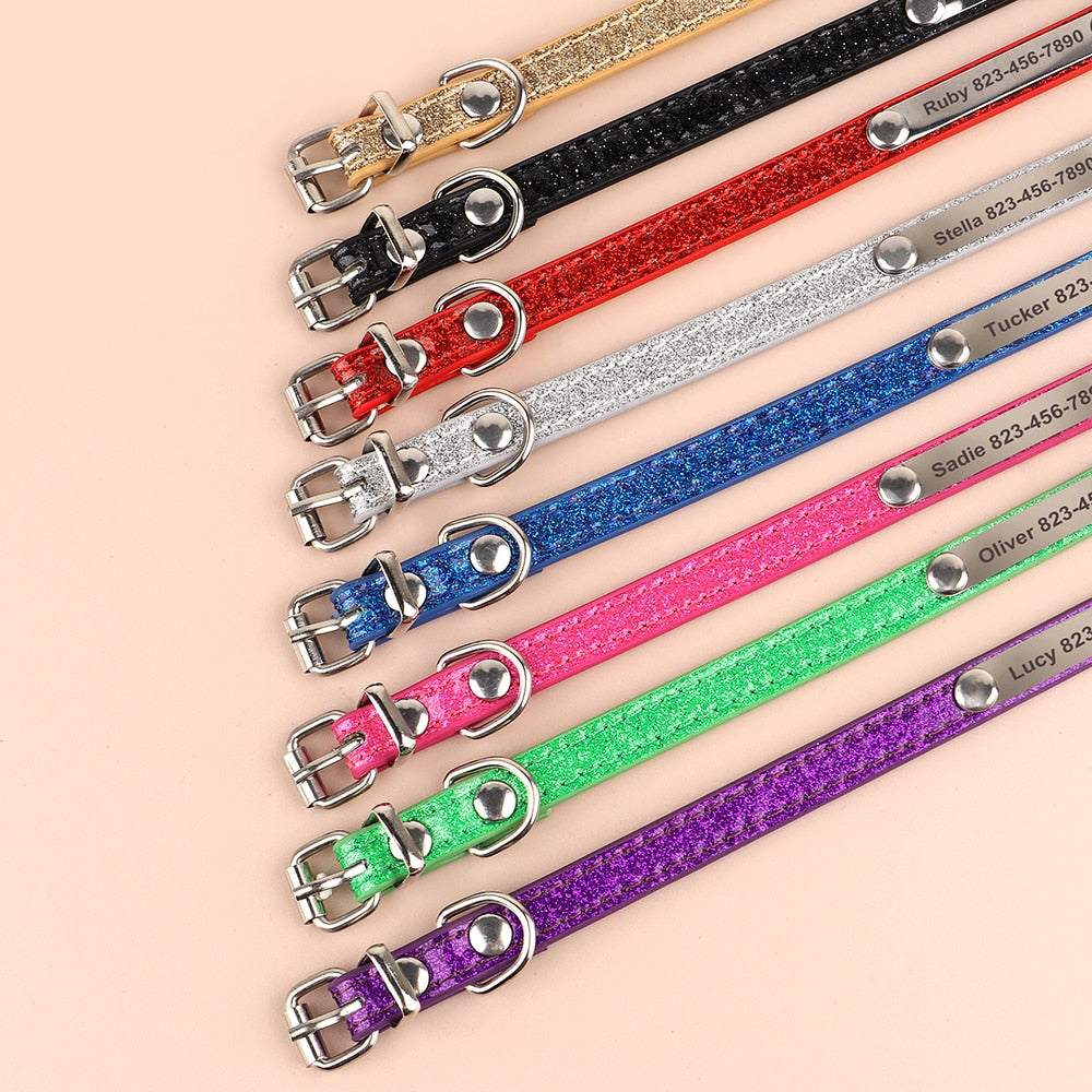 Engraved sparkly cat collars in eight vibrant colors, personalized with name and phone number, available in XS, Small, and Medium sizes.